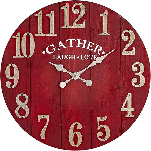 Large Vintage Wooden Wall Clock, 24 Inch Silent Battery Operated Arabic Rustic Chic Decorative Wall Clock for Living Room - Red