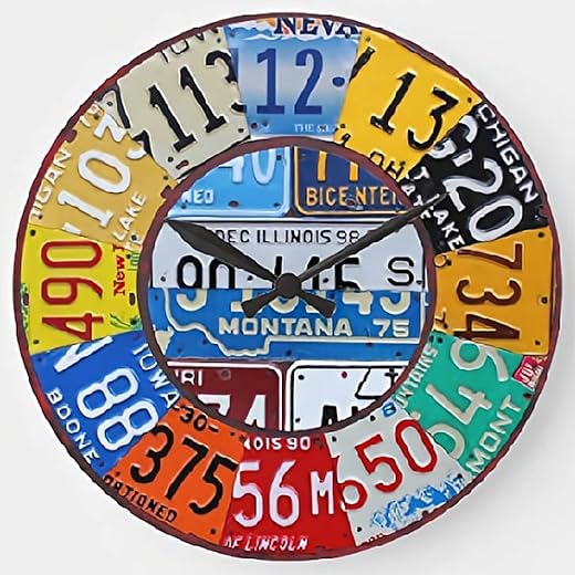 License Plate Wall Clock Car Tag Art Vintage Wooden Round Clocks Wall Decor 12 Inch Battery Operated Large Decorative Wall Clock Silent Round Wood Wall Clock Hanging Clocks for Living Room