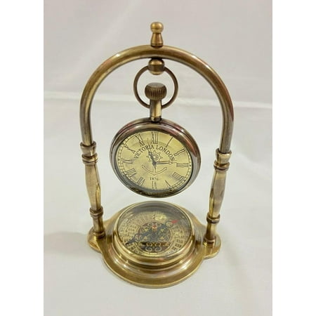 Maritime Compass Base Nautical Table Clock Antique Brass Hanging Desk Clock