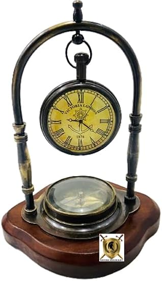 Maritime Compass Nautical Table Clock Ship's Clock Antique Brass Hanging Desk/Shelf Clock Victoria London compass wood Base Vintage Decorative Clock for Your Love one & Wedding Gift