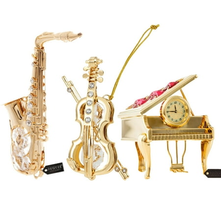 Matashi 24K Gold Plated Vintage Piano Desk Clock with Crystal Studded Violin, Bow, And Saxophone Ornament