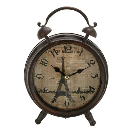 Metal Eiffel Tower Clock with Bell Style Top - Vintage Rustic Iron Table Clock, 9 - Sepia Newspaper Print Background - Black Numerals - Battery Operated - Home Decor -