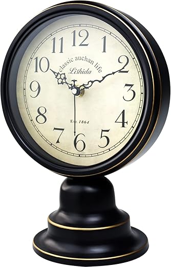 Mid Century Modern Desk Clock for Bedroom Kitchen Vintage Table Clock Mantel Desktop Farmhouse Tabletop Metal Clock for Office Living Room Silent Decor Battery Operated Black Clock