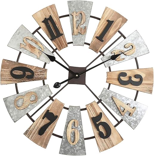 MODE HOME 24 Inch Large Farmhouse Wall Clock, Decorative Vintage Wood Wall Clock, Rustic Country Windmill Clock Wall Decor, Silent Battery Operated for Kitchen, Living Room, Bathroom