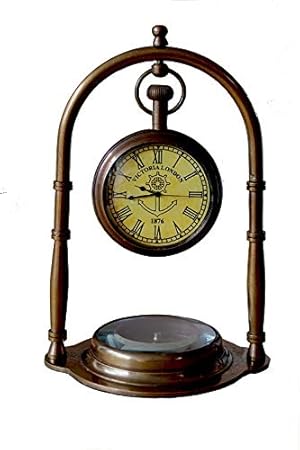 Nautical Clock Ship Table Clock Brass Desk Clock Maritime Brass Compass with Antique Victoria London Pocket Watch