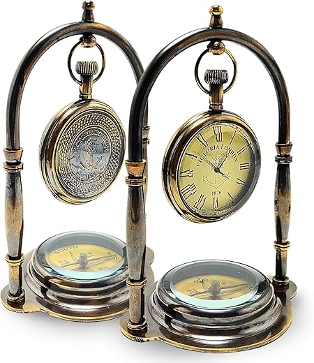 Nautical Clock Ship Table Clock Brass Desk Clock Maritime Brass Compass with Antique Victoria London Pocket Watch