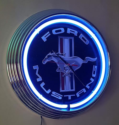 NEON Clock Black Mustang Badge Sign WALLCLOCK Shining with Blue NEON Rim!-Working with Silent Movement!