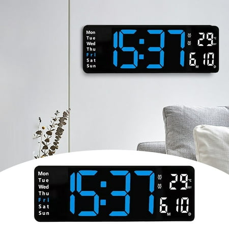 NIHOND Large LED Digital Wall Clock Temperature Date Day Display USB Remote Control,Blue,13 inch