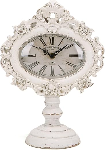 NIKKY HOME French Mantel Clock Silent Non-Ticking, Shelf Desk Top Wood Table Clock Battery Operated Vintage Rustic Design, Chic Home Decor for Desktop, Countertop, Distressed White