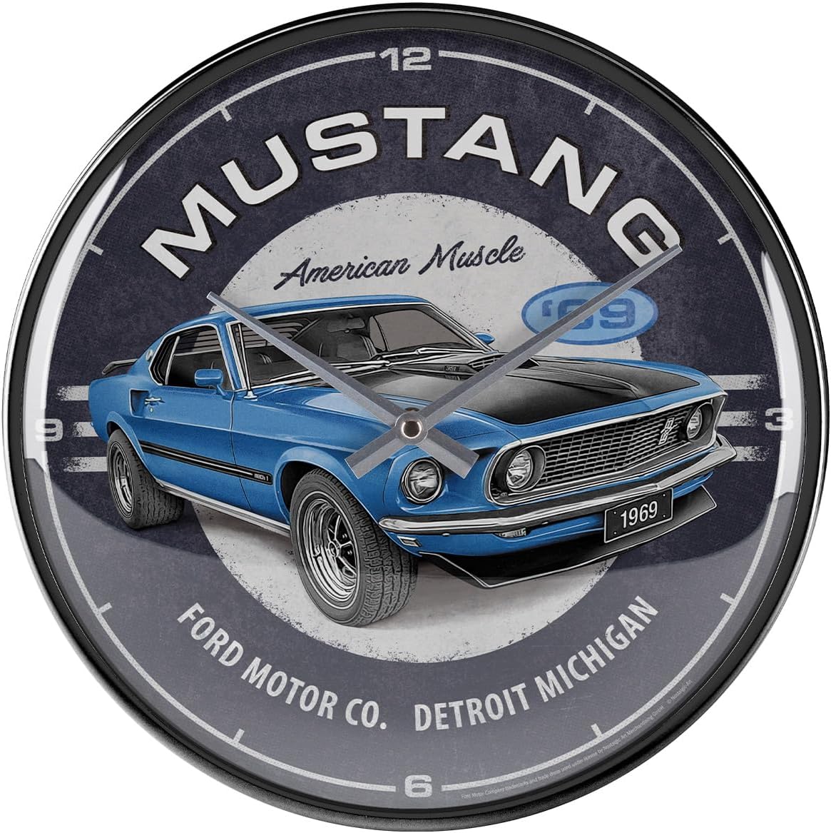 Nostalgic-Art Retro Wall Clock, Ø 12.2", Ford Mustang – 1969 Mach 1 Blue – Gift idea for Ford Fans, Large kitchenclock, Vintage Design