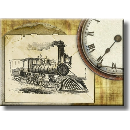 Old Vintage Clock and Train Picture on Stretched Canvas, Wall Art D?cor, Ready to Hang