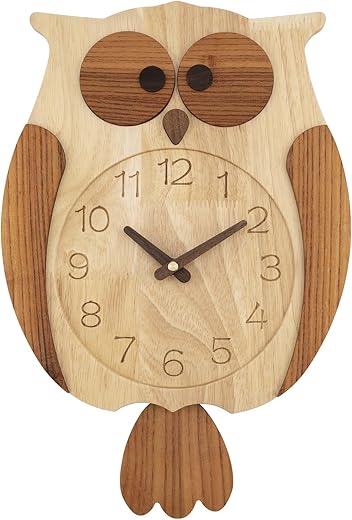 Owl Wall Clock Decorative Wooden Wall Clolck Non Ticking Battery Operated Wood Pendulum Clock for Living Room Bedroom Office Kid's Room Kitchen Hotel Cafe