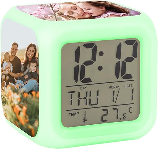 Personalized Customized Photo 7 Colors Changing LED Digital Alarm Clocks with Snooze, Date, Temperature