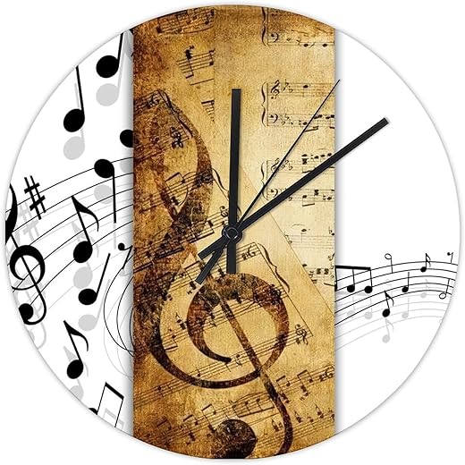 Piano Music Notes Clocks 10 Inch, White Music Notes Black Blackboard Vintage Wood Print Wall Clock Silent Non-Ticking Round Clock for Farmhouse Living Room Bedroom Kitchen Home