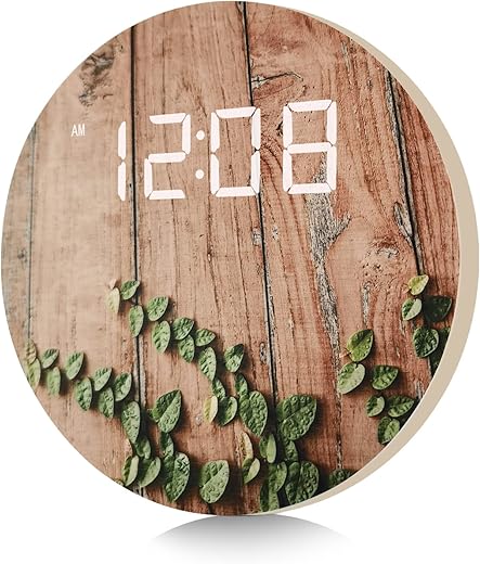 Plug in USB Powered Digital Wall Clock, Vintage Plank Striped Rattan Design, 12/24Hr Wall Mounted Digital Clock, LED Wooden Silent Wall Clock for Kitchen Bedroom Office (10 in)