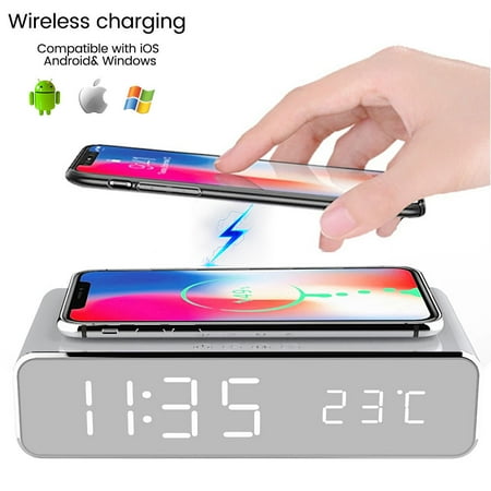 Pluokvzr Electric LED Alarm Clock & Phone Wireless Charger Desktop Digital Thermometer