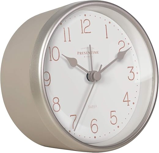 Presentime & Co 4" Chic Home Tabletop Alarm Mantel Clock, Desk and Shelf Clock, Silent no Ticking, Warm gray and Chic Silver Finish. Tabletop Décor, Home Décor