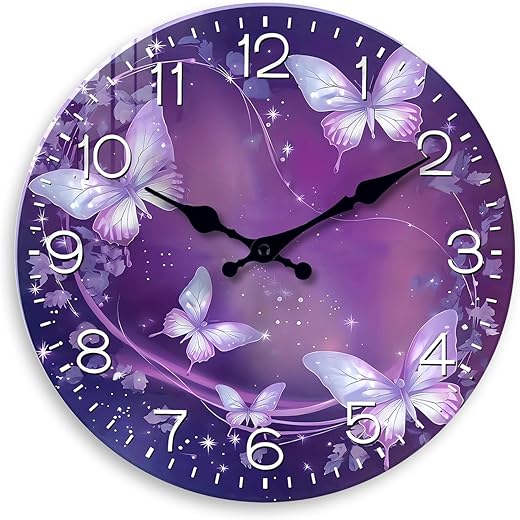 Purple Wall-Clock for Girls Bedroom - Analog Butterfly Clock Battery Operated 12 Inch - Round Glass Wall Clock Silent