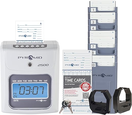 Pyramid Time Systems 2500K1 Bundle, Includes Model 2500 Auto Aligning and Top Loading Time Clock, 100 time Cards, Two Ink Ribbon cartridges, one 10 Slot time Card Rack and Two Security Keys