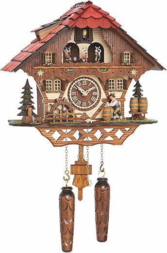 Quartz Cuckoo Clock Black Forest House with Moving Beer Drinker and Mill Wheel, with Music TU 4208 QMT HZZG