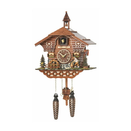 Quartz Cuckoo Clock Black Forest House with Moving Wood Chopper and Mill Wheel, with music TU 4217 QM