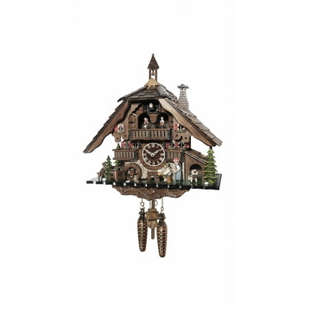 Quartz Cuckoo Clock Black forest house with music and dancers, turning mill-wheel, the beerdrinker and the Black Forest Girl lift their arm