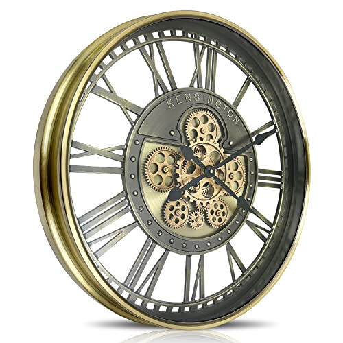 Real Moving Gears Wall Clock Large Modern Metal Clocks for Living Room Decor, Industrial Steampunk Unique Vintage Rustic Decorative Clock for Home Farmhouse Office, 27.6 Inch,Brass Gold Roman