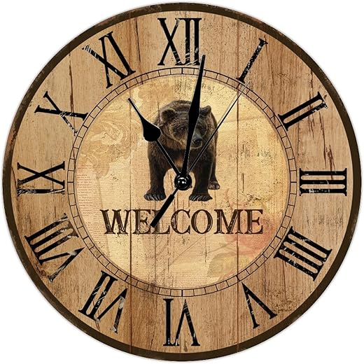 Retro Grizzly Bear Wall Clock Cabin Decor Customized Welcome Wall Clock Wooden Wall Clocks Battery Operated 15 Inch Non-Ticking Retro Wall Decor Home Decor for Home Kitchen Office School Bathroom