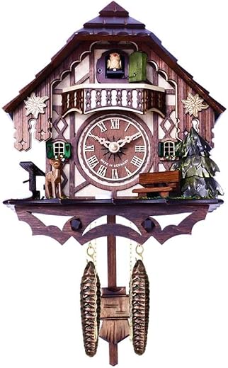 River City Clocks 10" Quartz 12 Melody Cuckoo Cottage with Deer, Water Pump, and Tree Wall Clock, Brown