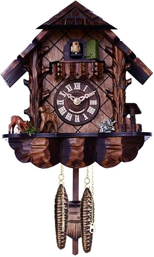 River City Clocks 10 Quartz 12 Melody Cuckoo Hand-Carved case and Feeding Deer Wall Clock, Brown