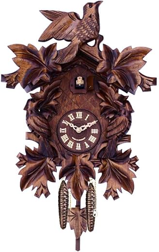 River City Clocks 16" Quartz Cuckoo Seven Hand-Carved Maple Leaves and Three Birds Wall Clock, Brown