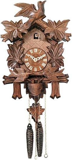 River City Clocks One Day Cuckoo Clock with Carved Maple Leaves and Moving Birds, Hand-Painted Flowers, 13-Inch Tall