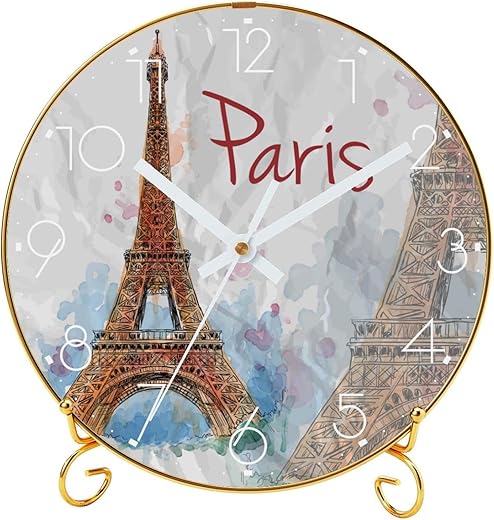 Round Clock for Desk Tabletop Shelf Mantel, Silent Quartz Decorative Wall Clock Non-Ticking, Paris Eiffel Tower Plug in Wall Clock