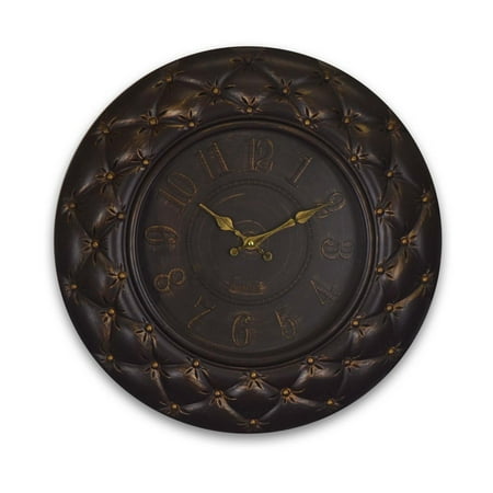 Round Wall Clock Tufted Antique Vintage Inspired in Dark Brown and Gold