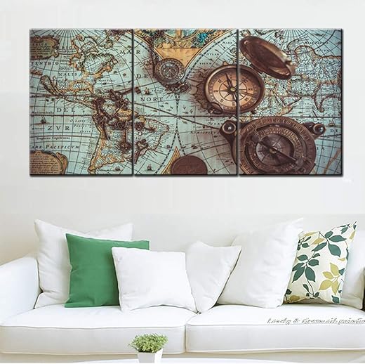 Rustic Wall Art for Living Room World Map Picture 3 Piece Prints on Canvas Blue Painting for New Room Contemporary House Decor Pirate Clock Artwork Framed Gallery-Wrapped Ready to Hang(42''Wx20''H)