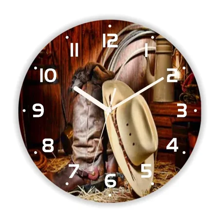 Rustic Western Cowboy Wall Clock for Farmhouse Old American Country Music Large Round Watch LIving Room Kitchen Home r