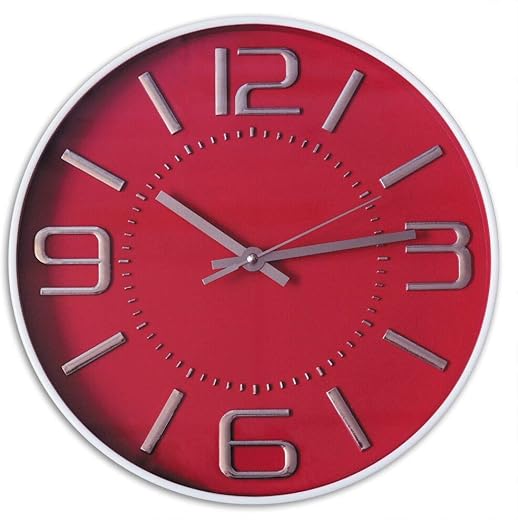 SAC SMARTEN ARTS Decor Silent Wall Clock 12 inches 3D Numbers Arabic Red Dial Non-Ticking Decorative Wall Clocks Battery Operated Round Easy to Read for Home/School/Hotel/Office