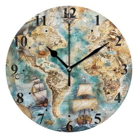 Sailing Ship Boat Map Mermaid Black 10 inch Wall Clocks Non Ticking Easy to Read Battery Decorative for Home Bathroom Kitchen Bedroom Living Room