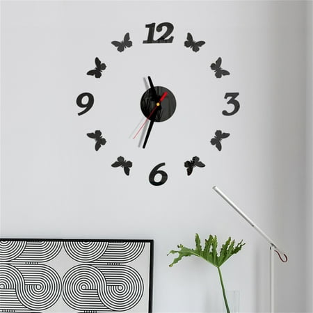 SDJMa DIY Mirror Wall Clock - Butterfly Flying DIY Wall Clock Acrylic Mirror Clocks Modern Design Living Room Home Decor Removable Decal Wall Art Clocks,Black