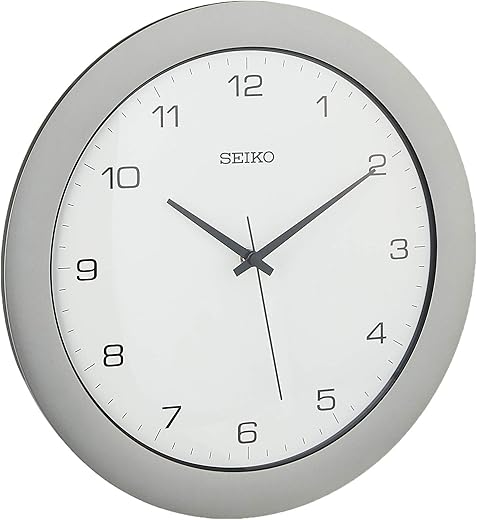 Seiko 12 Brushed Metal Quiet Sweep Office Wall Clock, Silver Tone