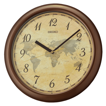 Seiko 12 World Map Wall Clock, Metallic Brown, Traditional Quartz Analog QHA006ZLH