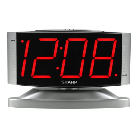 Sharp LED Digital Alarm Clock, Swivel Base, Silver Case, Red Display, SPC033D