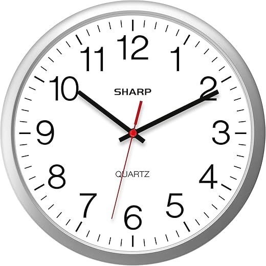 SHARP Wall Clock – Silver, Silent Non Ticking 14 Inch Quality Quartz Battery Operated Round Easy to Read Home/Kitchen/Office/Classroom/School Clocks, Sweep Movement