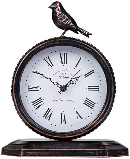 SHISEDECO Vintage Cottage Metal Table Clock with Bird, Retro Mantel/European Wrought Iron Metal Industrial Quartz Desk & Shelf Clock (E)