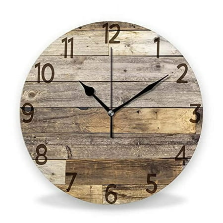 Silent Non-Ticking Wall Clocks, Brown Wood Barn Board Brown Pine Plank Rustic Wall Clocks, Battery Operated 12inch Round Wall Clock for Home Decor Living Room Kitchen Office