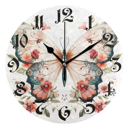 Silent Wall Clock Floral on A Butterfly 10 Non-Ticking Battery Clock Rustic Retro Home Decorative for Living Room Kitchen Bathroom