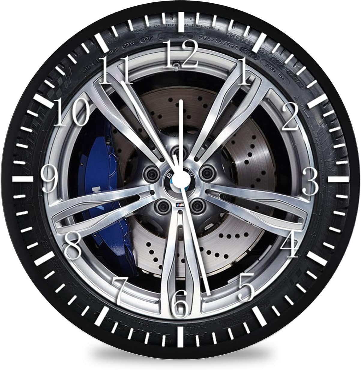 Super Car Wheel Wall Clock Large 12 Clear Glass Face Silent Non-Ticking Nice for Gift or Décor W245