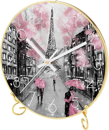 Tabletop Clock with Metal Stand Base, Battery Operated Decorative Desk Table Clock, Eiffel Tower Paris Rain Modern Silent Non-Ticking Quartz Wall Clock