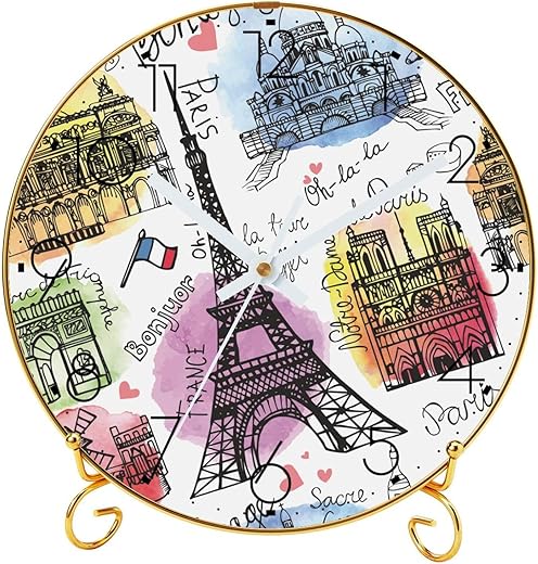 Tabletop Clock with Metal Stand Base, Battery Operated Decorative Desk Table Clock, Vintage Paris Eiffel Tower Postcard Modern Silent Non-Ticking Quartz Wall Clock