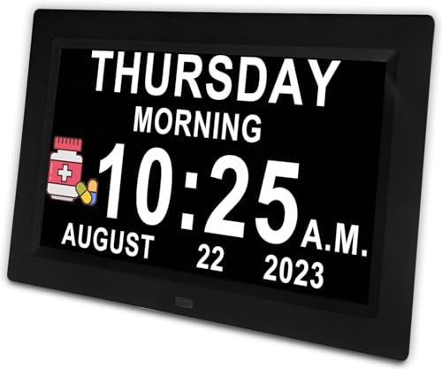 Véfaîî 【2024 New】 Digital Clock with Day Date for Elderly Dementia, Extra Large Calendar Clock, AM/PM, 20 Custom Reminders, Auto DST and Memory Function- 7 Black with Adaptor